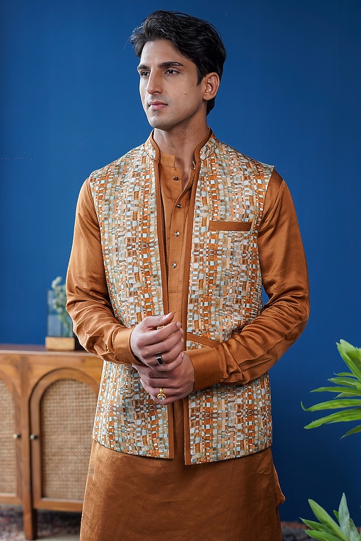Tan Brown Linen Satin Printed Front-Open Bundi Jacket by Philocaly