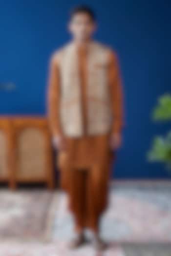 Tan Brown Linen Satin Printed Front-Open Bundi Jacket Set by Philocaly