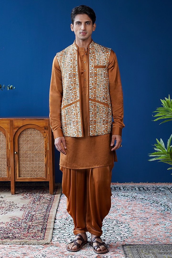 Tan Brown Linen Satin Printed Front-Open Bundi Jacket Set by Philocaly