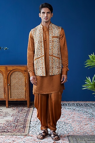Tan Brown Linen Satin Printed Front-Open Bundi Jacket Set by Philocaly
