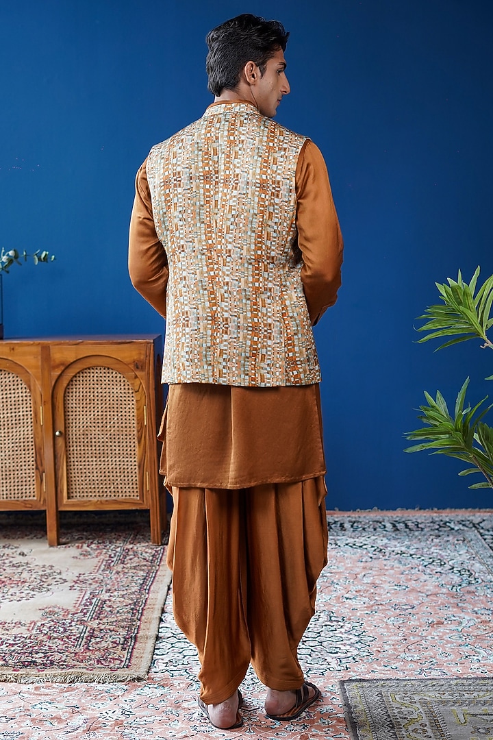 Tan Brown Linen Satin Printed Front-Open Bundi Jacket Set by Philocaly at Pernia's Pop Up Shop