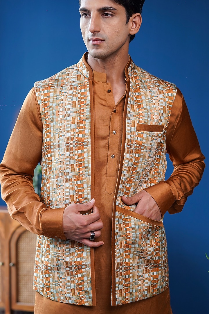 Tan Brown Linen Satin Printed Front-Open Bundi Jacket Set by Philocaly at Pernia's Pop Up Shop