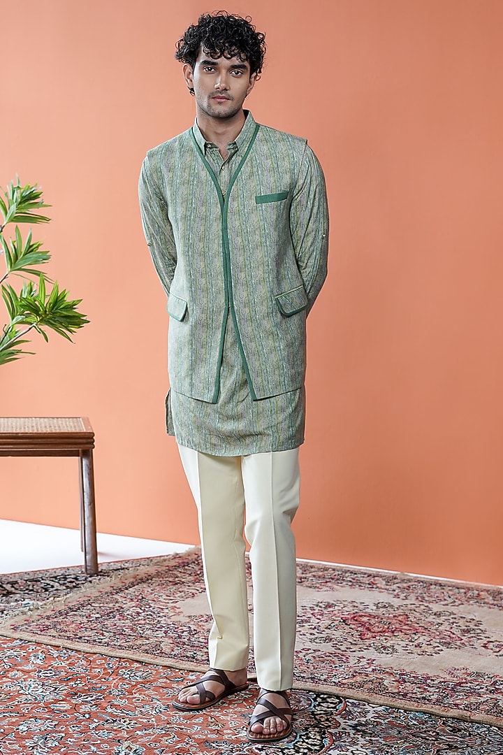 Green Cotton Tussar Printed Bundi Jacket Set by Philocaly