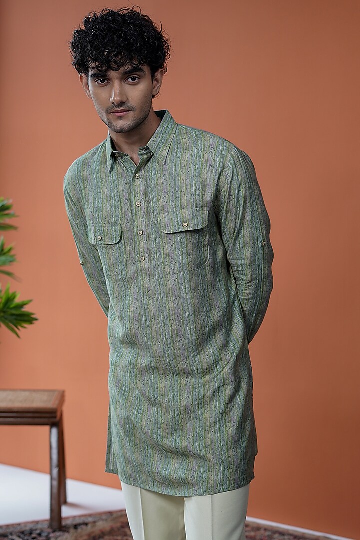 Green Cotton Tussar Printed Kurta by Philocaly at Pernia's Pop Up Shop