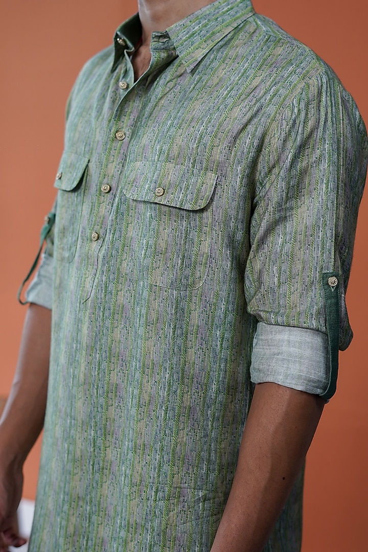 Green Cotton Tussar Printed Kurta by Philocaly at Pernia's Pop Up Shop