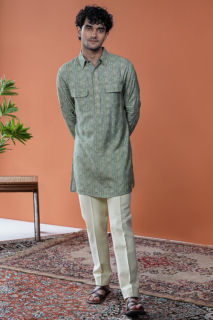 Green Cotton Tussar Printed Kurta by Philocaly at Pernia's Pop Up Shop
