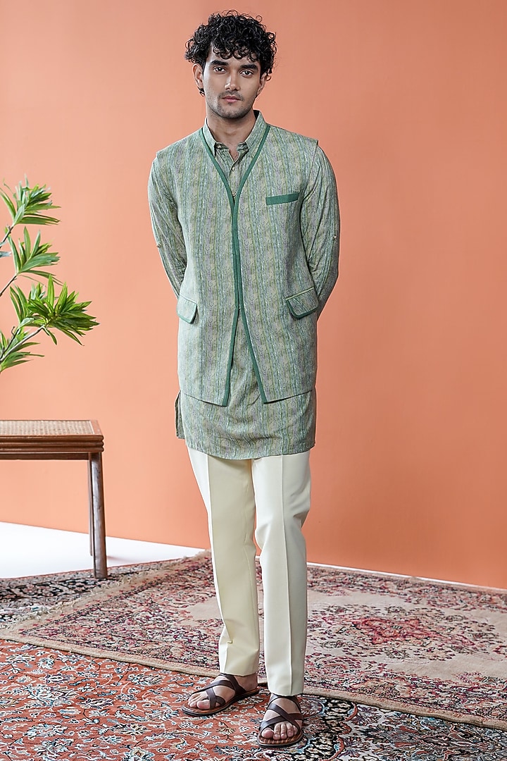 Green Cotton Tussar Printed Bundi Jacket Set by Philocaly at Pernia's Pop Up Shop