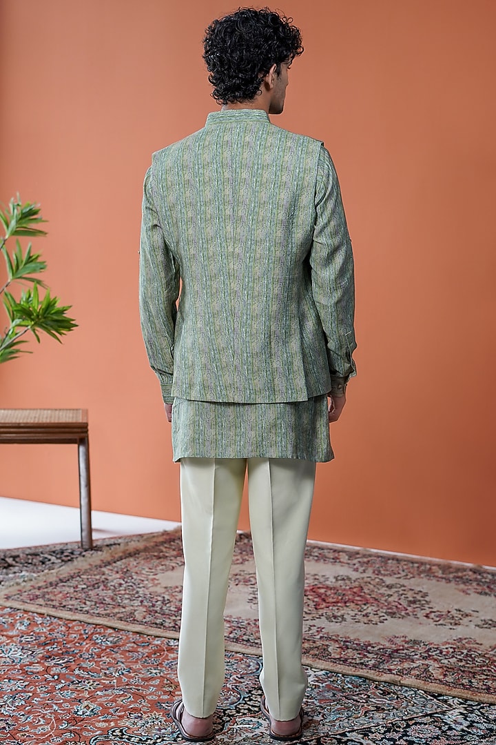 Green Cotton Tussar Printed Bundi Jacket Set by Philocaly at Pernia's Pop Up Shop