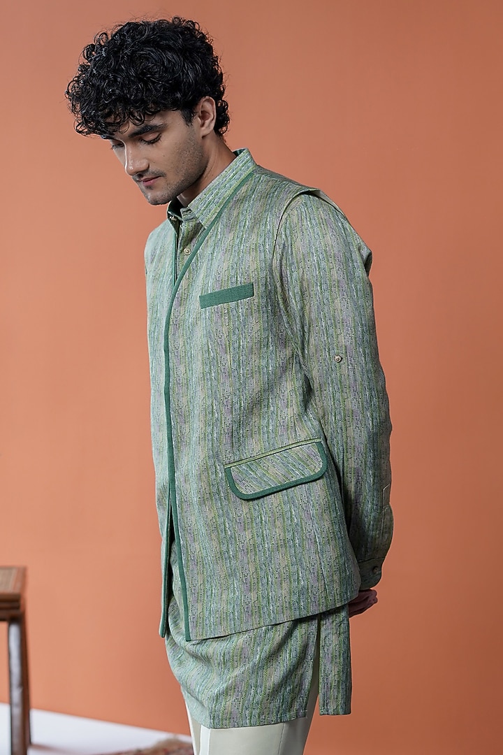 Green Cotton Tussar Printed Bundi Jacket Set by Philocaly at Pernia's Pop Up Shop