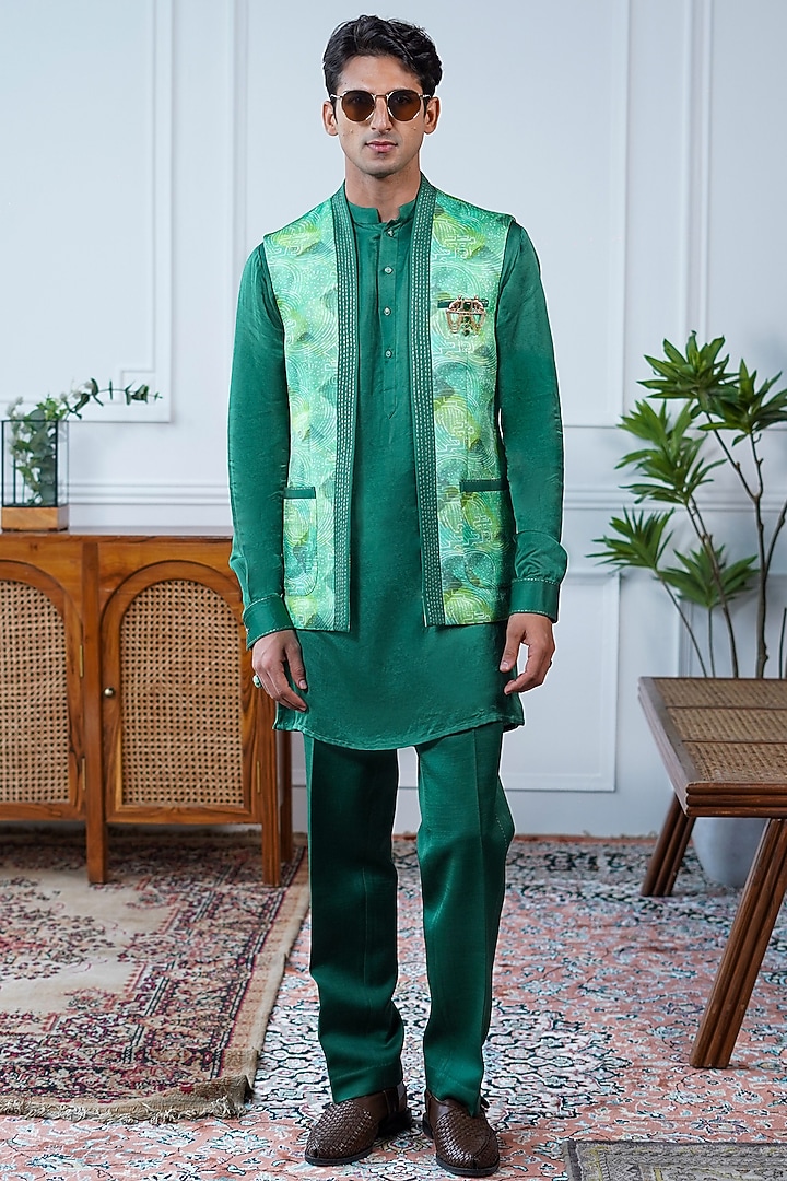Green Linen Satin Printed Bundi Jacket by Philocaly at Pernia's Pop Up Shop