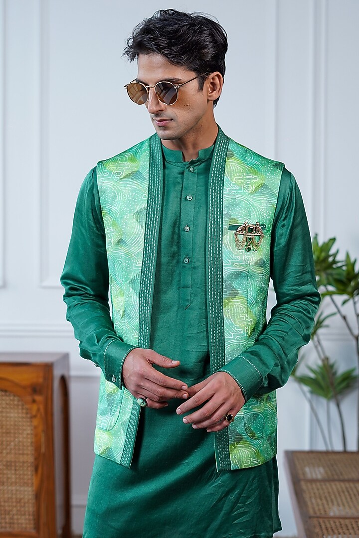 Green Linen Satin Printed Bundi Jacket Set by Philocaly at Pernia's Pop Up Shop