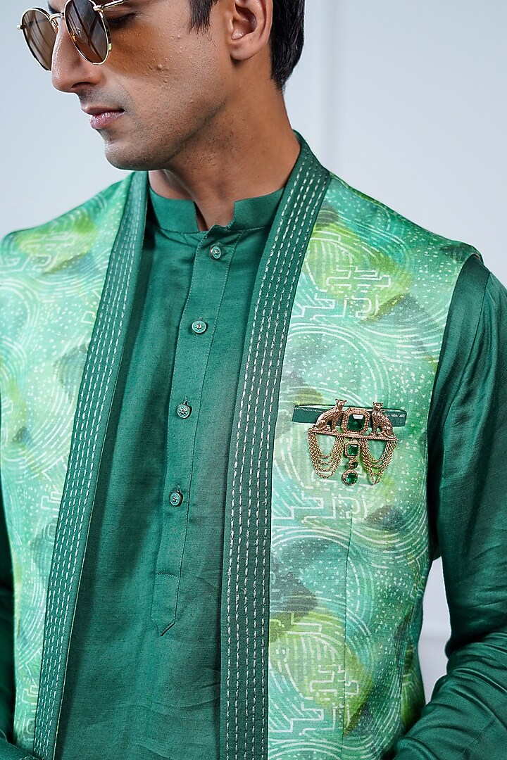 Green Linen Satin Printed Bundi Jacket Set by Philocaly at Pernia's Pop Up Shop