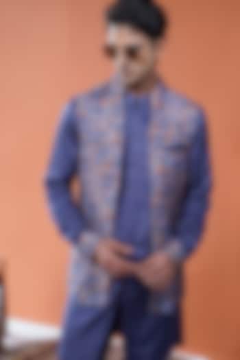 Purple Cotton Tussar Printed Front-Open Bundi Jacket by Philocaly