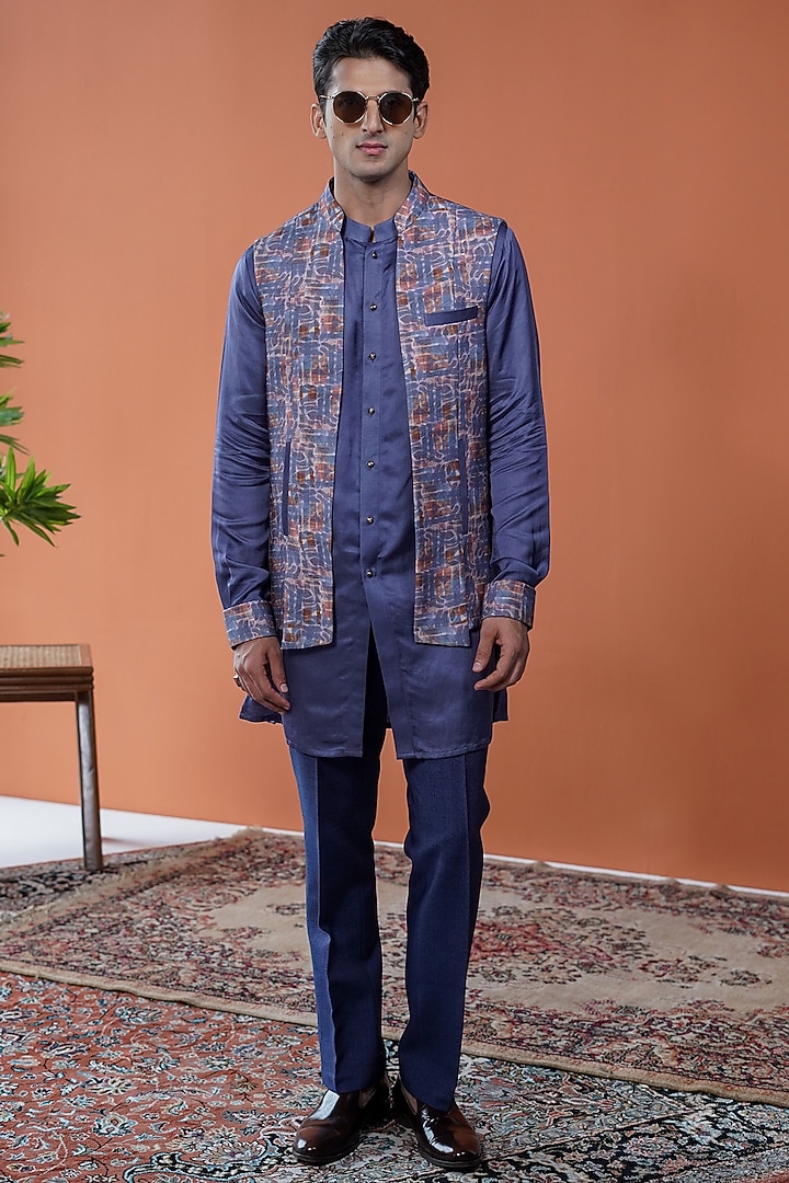 Purple Cotton Tussar printed Front-Open Bundi Jacket Set by Philocaly