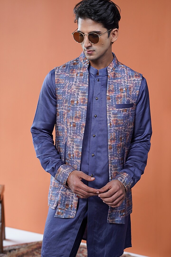 Purple Cotton Tussar printed Front-Open Bundi Jacket Set by Philocaly at Pernia's Pop Up Shop