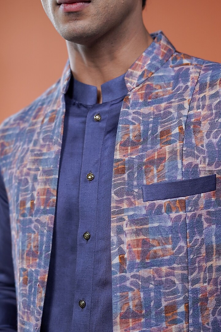 Purple Cotton Tussar printed Front-Open Bundi Jacket Set by Philocaly at Pernia's Pop Up Shop