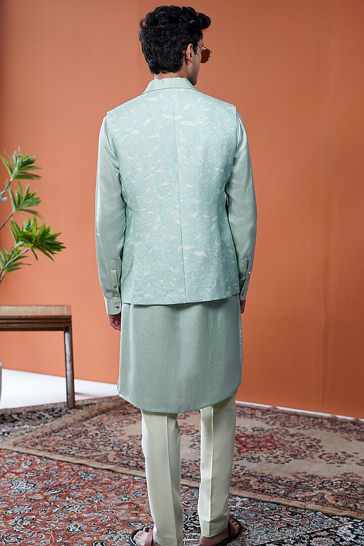 Sage Green Cotton Tussar Printed Bundi Jacket by Philocaly at Pernia's Pop Up Shop