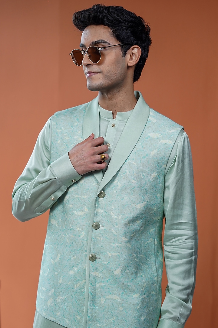Sage Green Cotton Tussar Printed Bundi Jacket by Philocaly at Pernia's Pop Up Shop