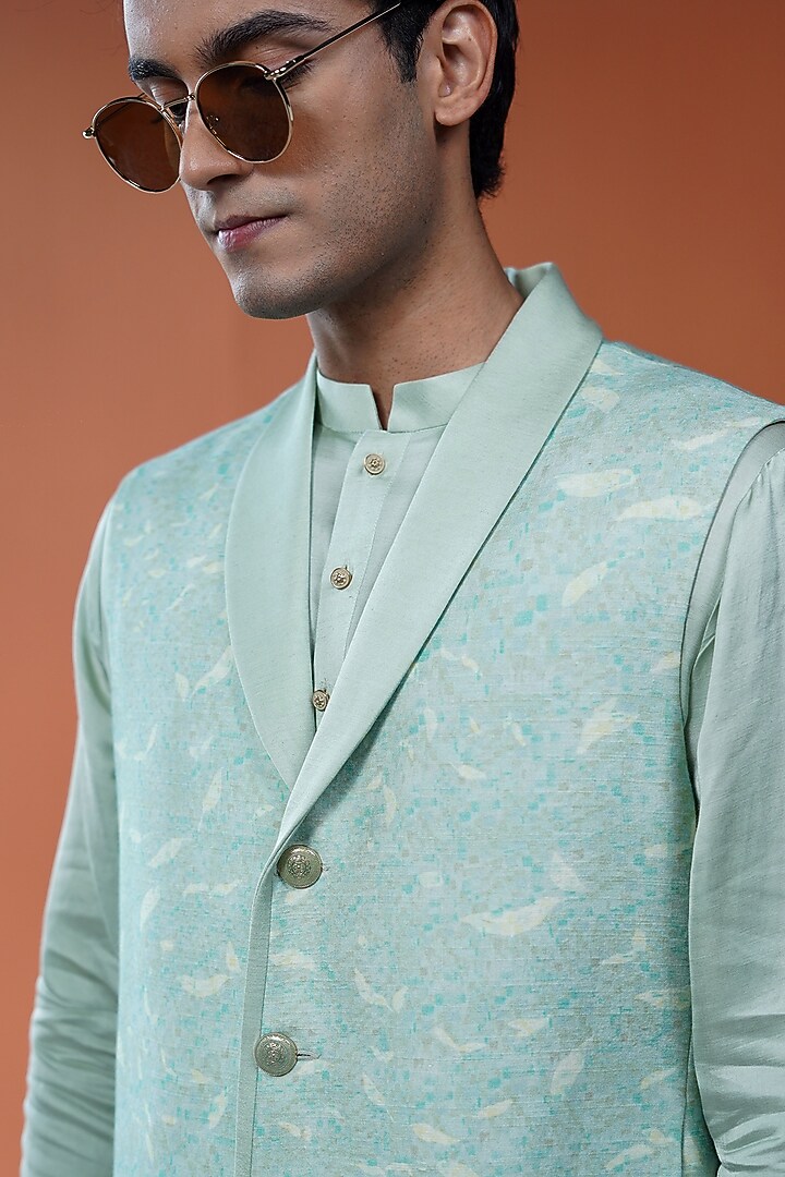 Sage Green Cotton Tussar Printed Bundi Jacket by Philocaly at Pernia's Pop Up Shop