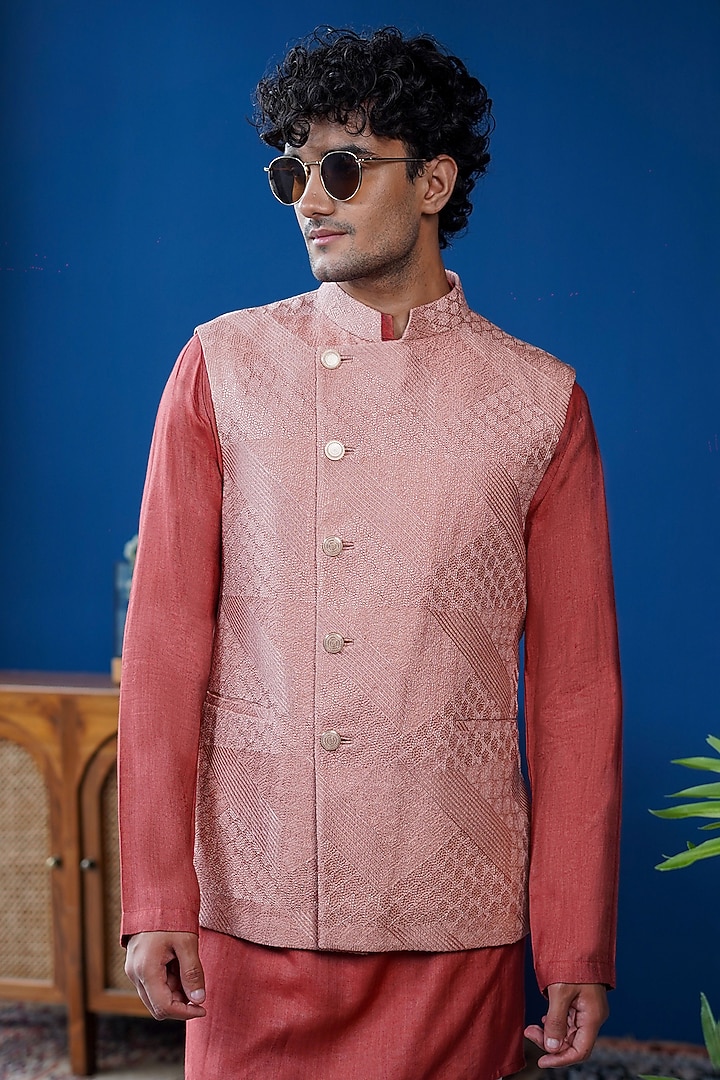 Salmon-Colored Silk Embroidered Bundi Jacket Set by Philocaly at Pernia's Pop Up Shop
