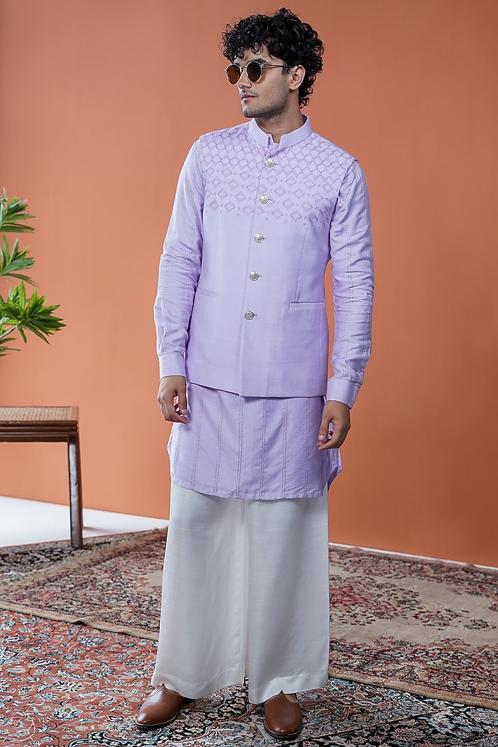 Lavender Cotton Tussar Embroidered Bundi Jacket by Philocaly