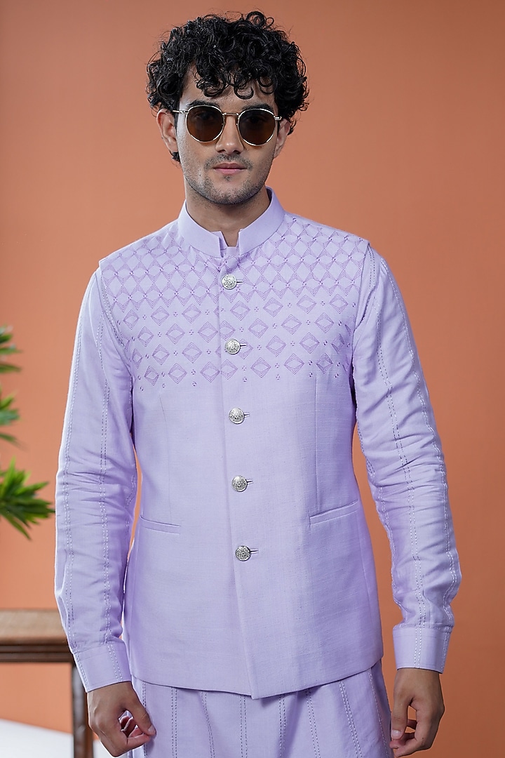 Lavender Cotton Tussar Embroidered Bundi Jacket Set by Philocaly at Pernia's Pop Up Shop