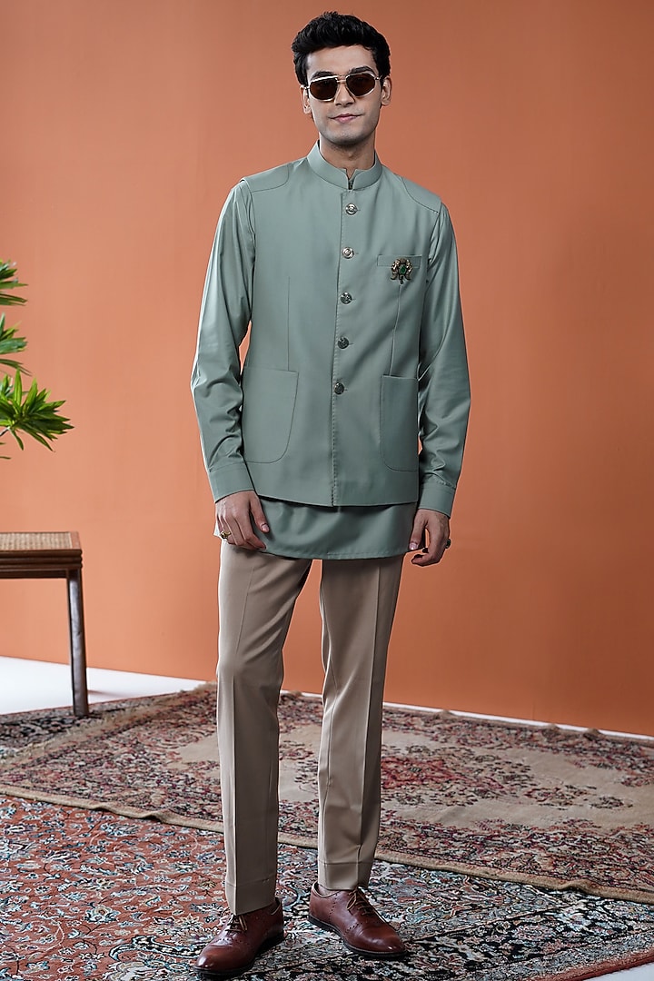 Sage Green Perennial Wool Bundi Jacket Set by Philocaly