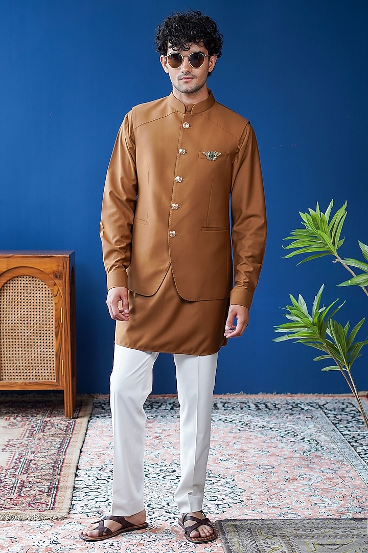 Tan Brown Perennial Wool Bundi Jacket Set by Philocaly