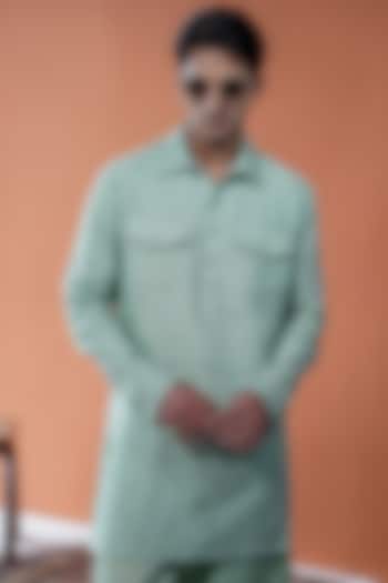 Sage Green Linen Embroidered Kurta by Philocaly
