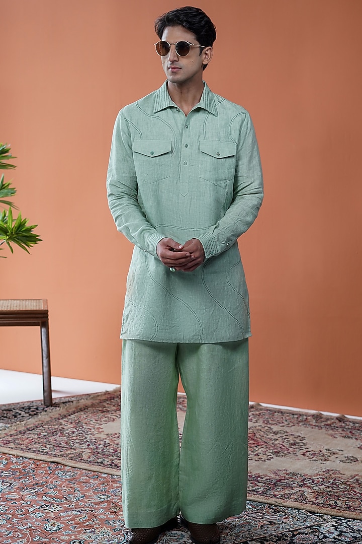 Sage Green Linen Embroidered Kurta by Philocaly at Pernia's Pop Up Shop