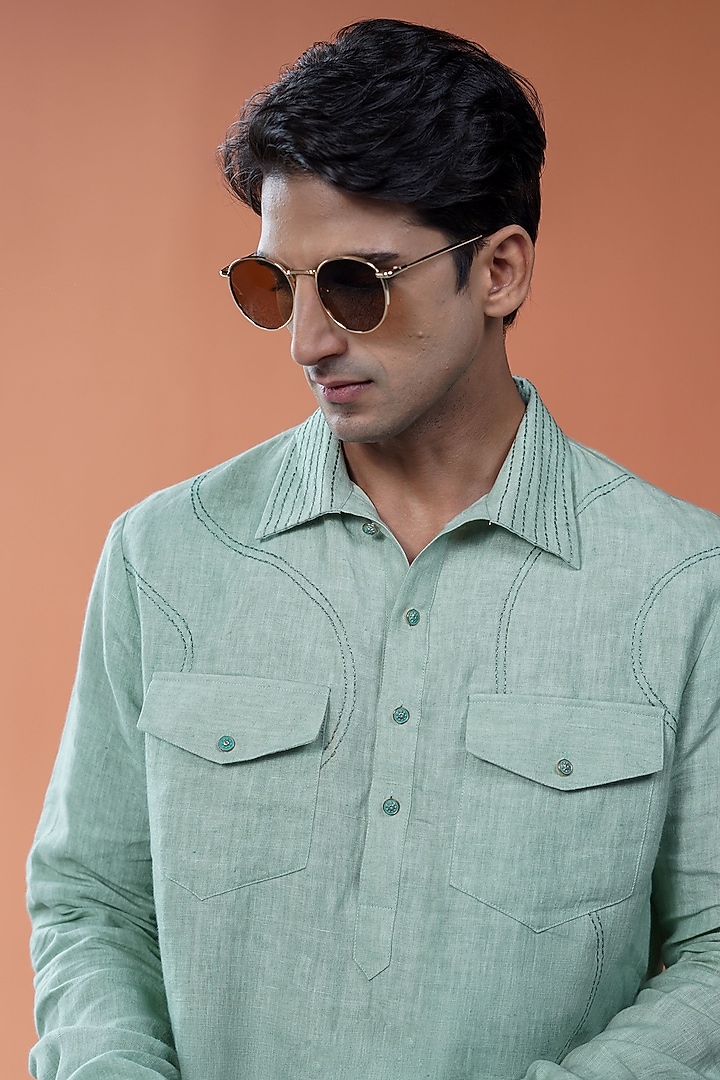 Sage Green Linen Embroidered Kurta Set by Philocaly at Pernia's Pop Up Shop