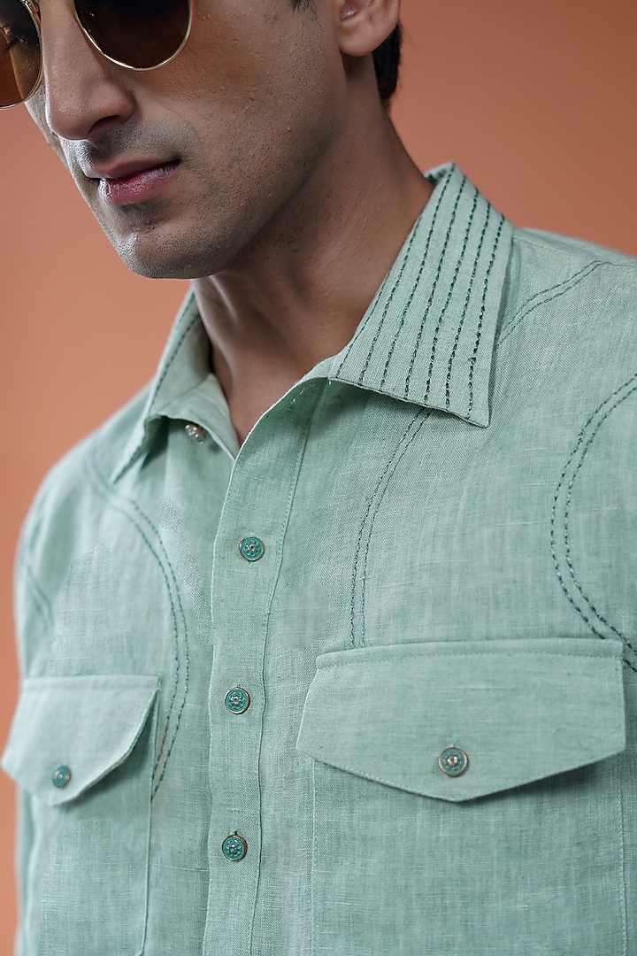 Sage Green Linen Embroidered Kurta Set by Philocaly at Pernia's Pop Up Shop