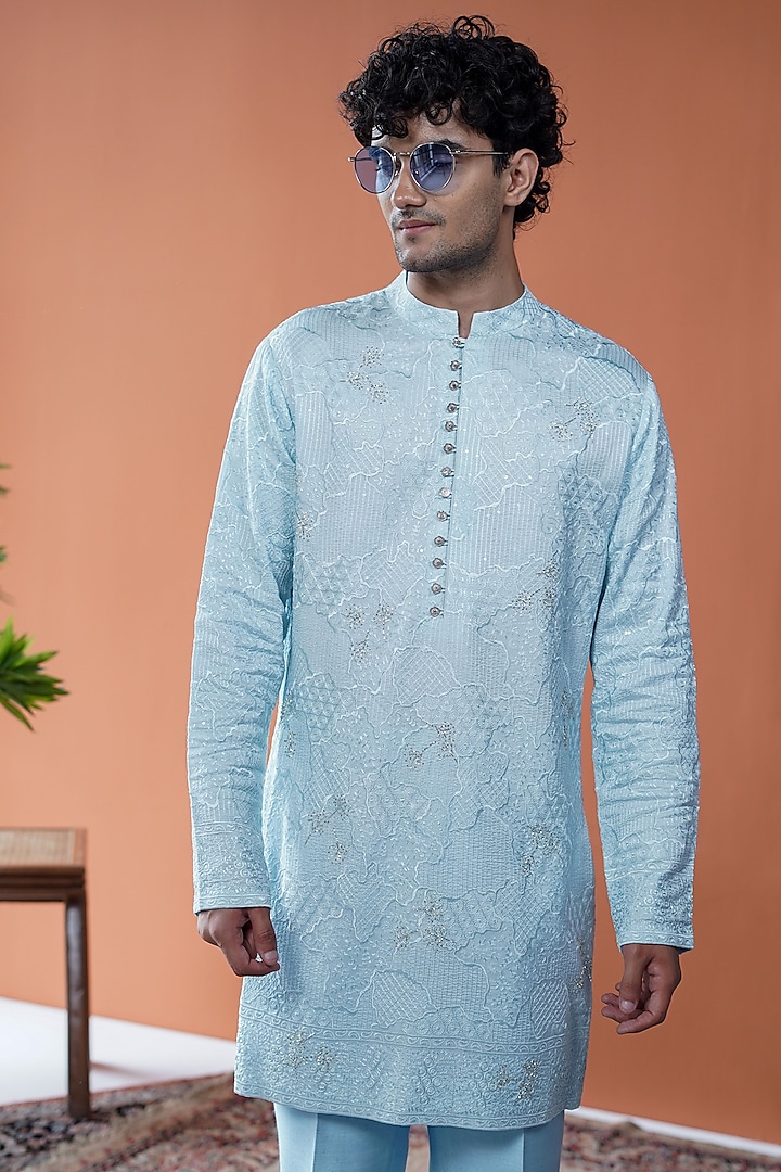 Ice Blue Silk Cutdana Embellished Kurta by Philocaly