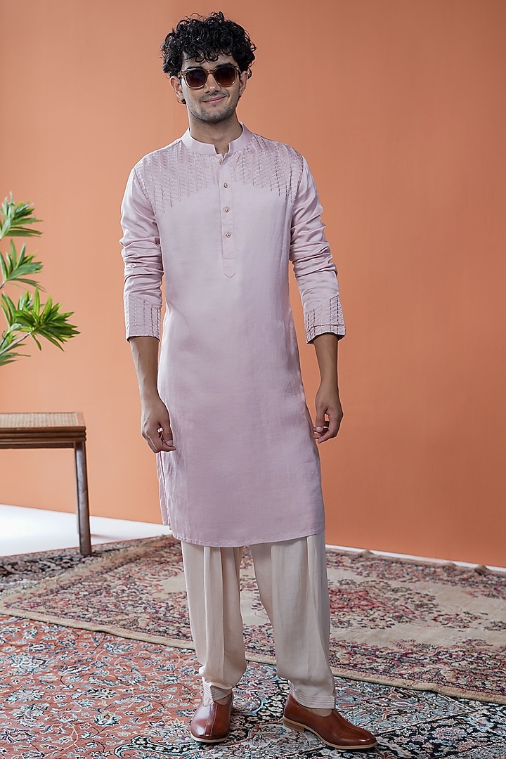 Blush Pink Linen Satin Tonal Embroidered Kurta by Philocaly