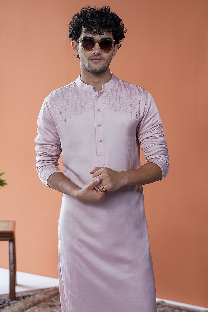 Blush Pink Linen Satin Tonal Embroidered Kurta by Philocaly at Pernia's Pop Up Shop