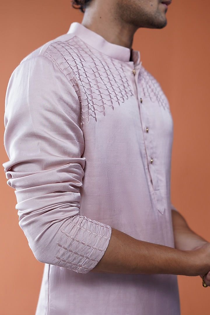 Blush Pink Linen Satin Tonal Embroidered Kurta by Philocaly at Pernia's Pop Up Shop