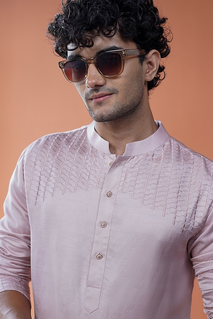 Blush Pink Linen Satin Tonal Embroidered Kurta by Philocaly at Pernia's Pop Up Shop