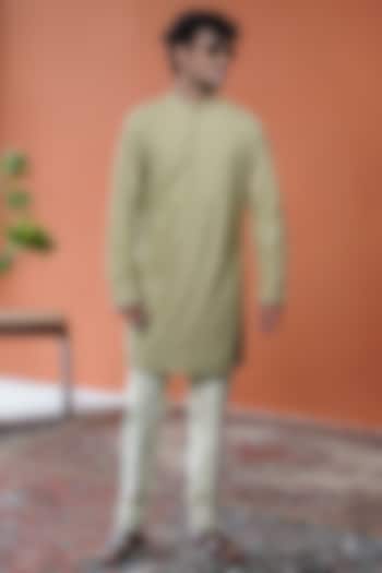 Olive Green Silk Dabka Embroidered Kurta by Philocaly