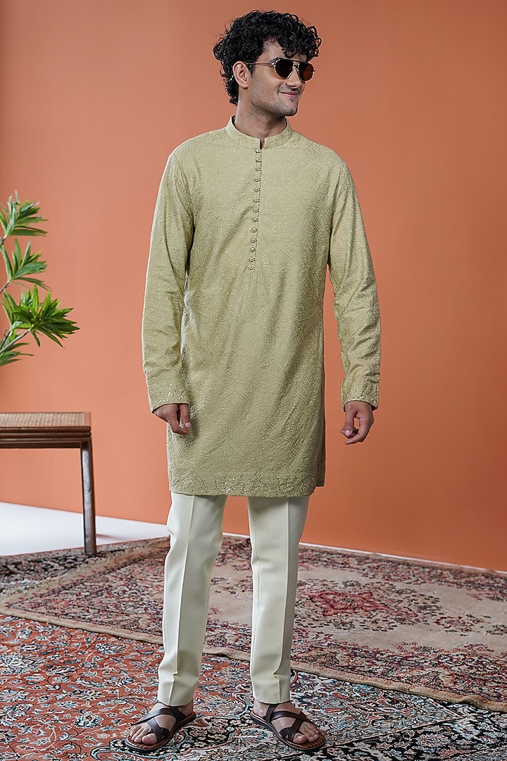 Olive Green Silk Dabka Embroidered Kurta by Philocaly