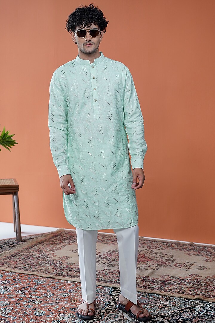 Mint Silk Embroidered Kurta by Philocaly at Pernia's Pop Up Shop