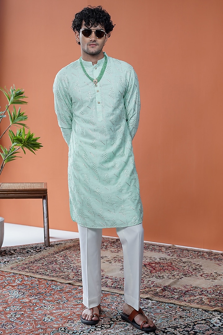 Mint Silk Embroidered Kurta by Philocaly at Pernia's Pop Up Shop