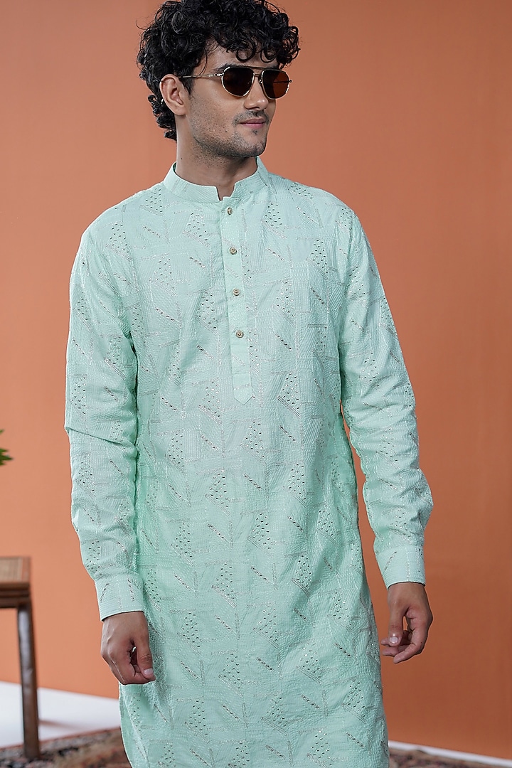 Mint Silk Embroidered Kurta by Philocaly at Pernia's Pop Up Shop