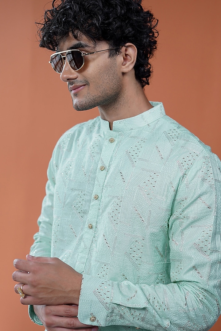 Mint Silk Embroidered Kurta by Philocaly at Pernia's Pop Up Shop