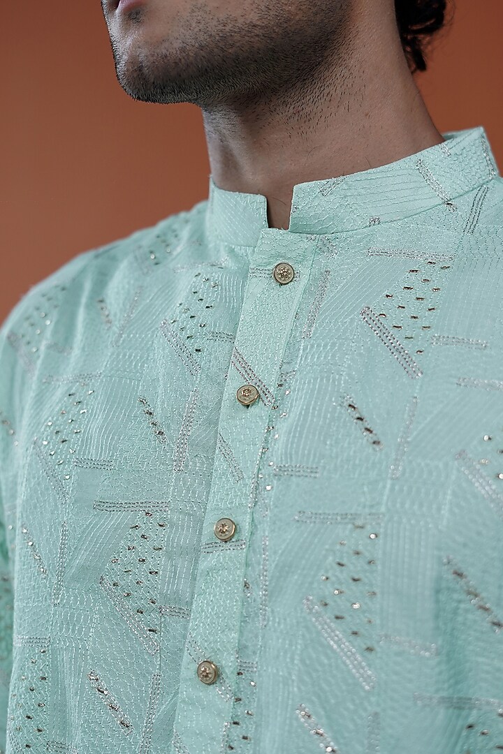 Mint Silk Embroidered Kurta by Philocaly at Pernia's Pop Up Shop