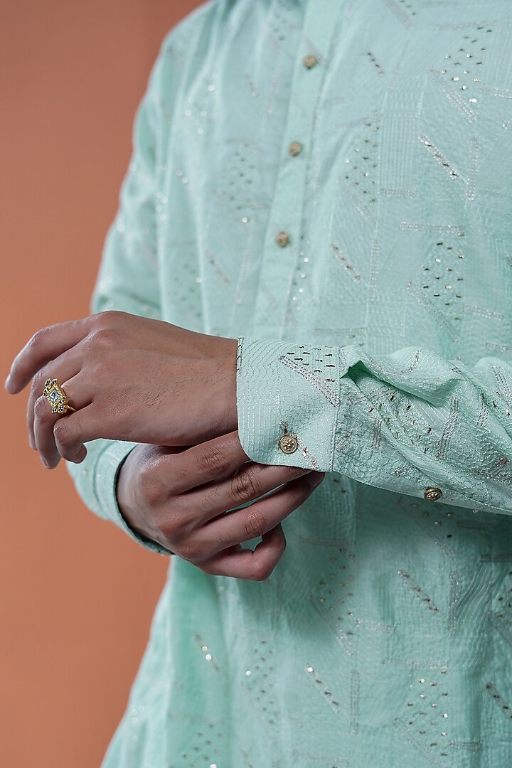 Mint Silk Embroidered Kurta by Philocaly at Pernia's Pop Up Shop