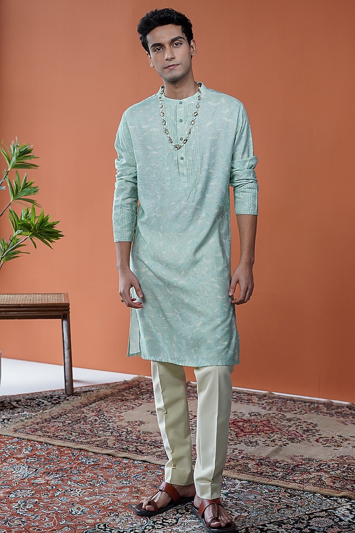 Sage Green Cotton Tussar Printed Kurta by Philocaly at Pernia's Pop Up Shop