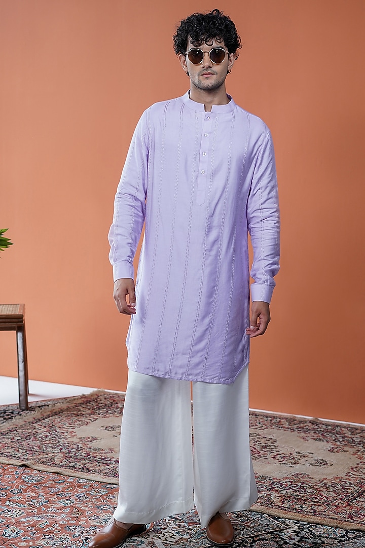 Lavender Cotton Silk Chawal Taka Embroidered Kurta by Philocaly