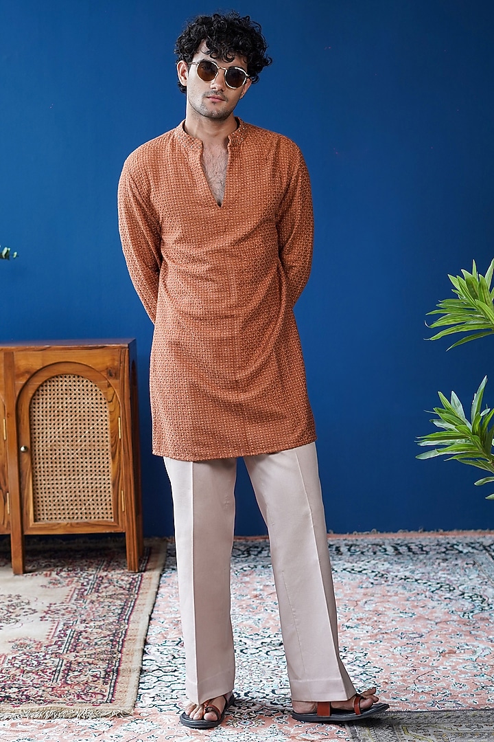 Rust Silk Dabka Work Kurta by Philocaly