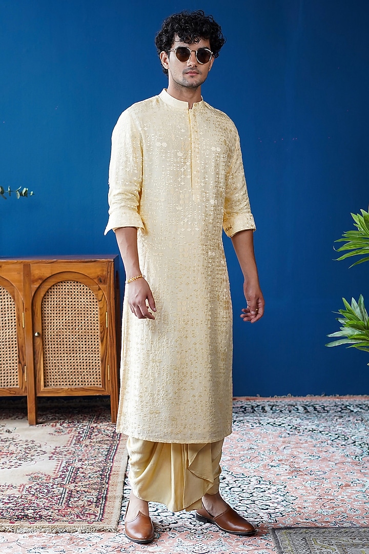 Yellow Silk Embroidered Kurta by Philocaly at Pernia's Pop Up Shop