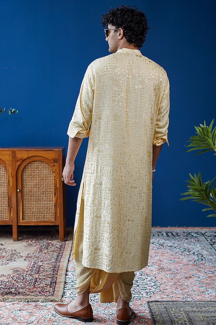 Yellow Silk Embroidered Kurta by Philocaly at Pernia's Pop Up Shop